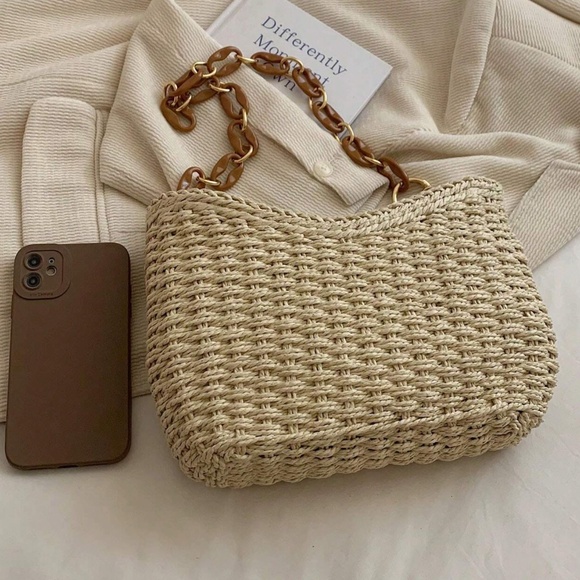 Boho Straw Woven Rattan Chain Strap Shoulder Bag - Picture 4 of 9